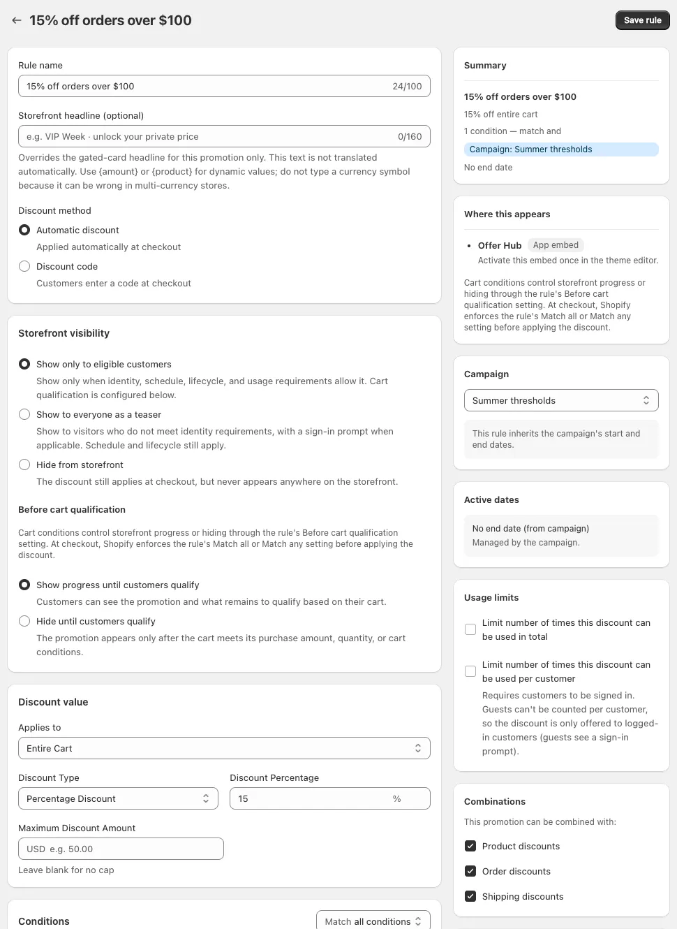 The whole SalesJuice rule editor: rule name, discount method, storefront visibility, discount value and conditions, beside a summary, campaign, active dates, usage limits, combinations and priority.
