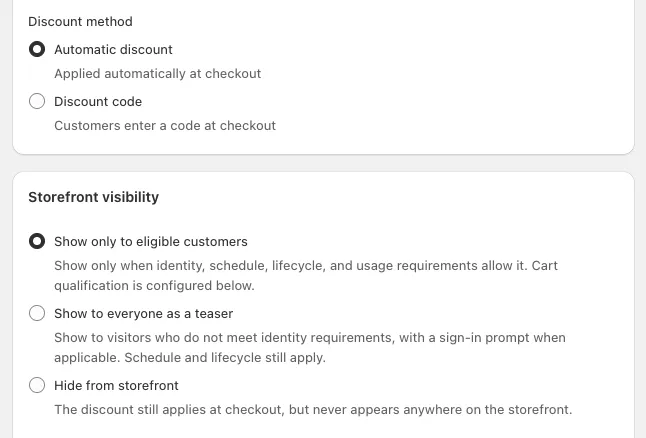 SalesJuice rule editor inside Shopify admin. Discount method: Automatic discount is selected over Discount code. Storefront visibility: Show only to eligible customers is selected, with the options to show it to everyone as a teaser or hide it from the storefront.