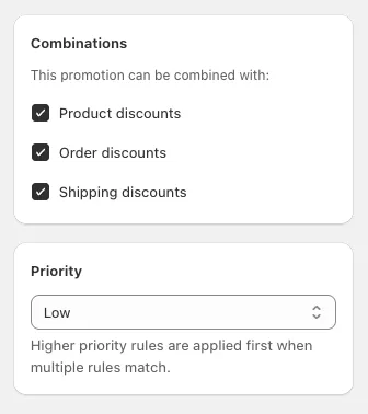 Two cards from the SalesJuice rule editor. Combinations: this promotion can be combined with product, order and shipping discounts, all three ticked. Priority: Low, with the note “Higher priority rules are applied first when multiple rules match.”