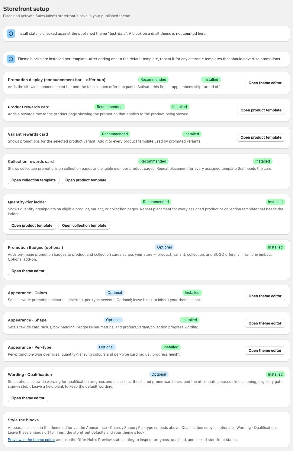 The whole storefront setup checklist in the SalesJuice admin: ten theme blocks and embeds, recommended and optional, each marked Installed, with a button to open the theme editor or template it belongs in.