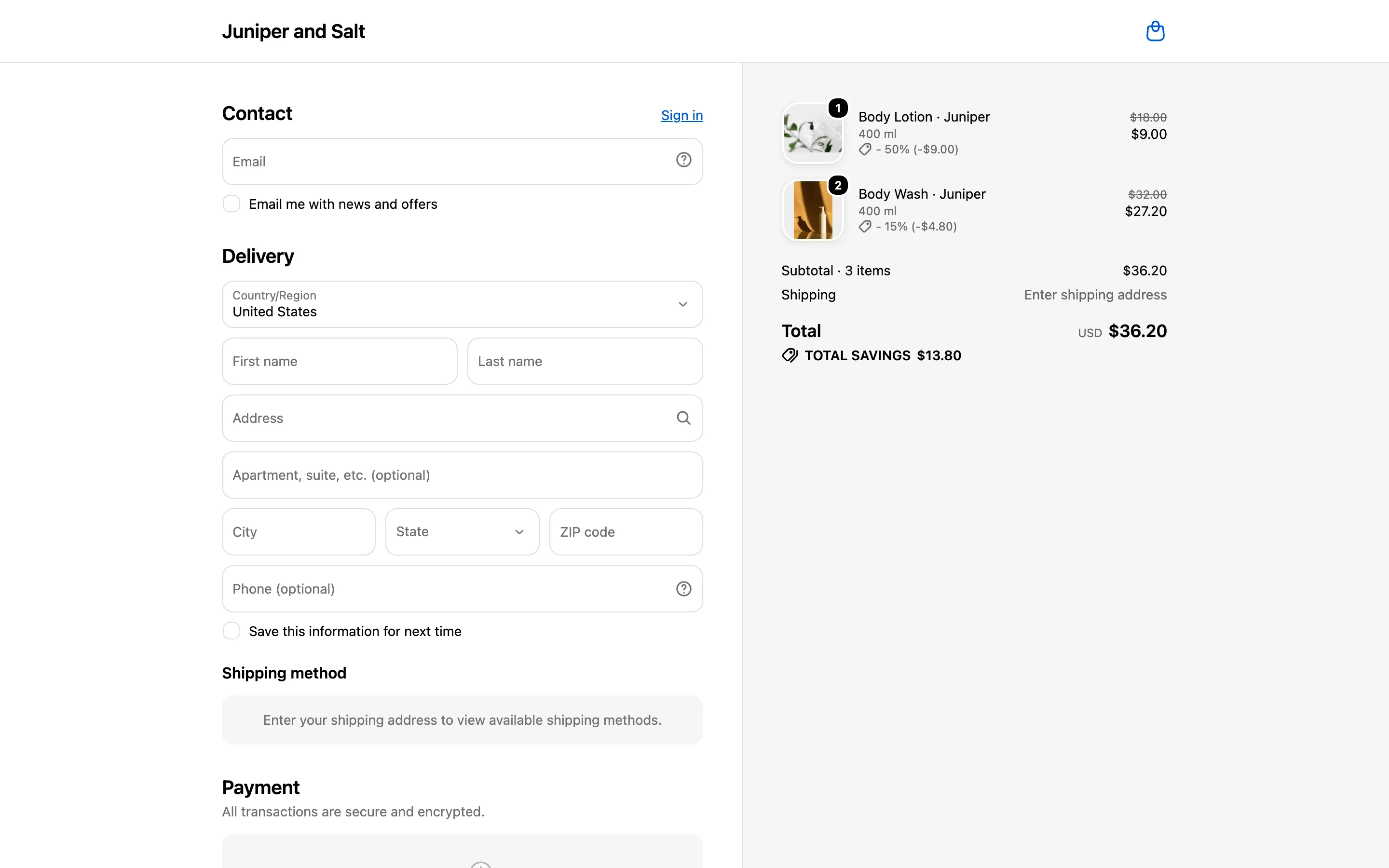 The whole Shopify checkout page: contact, delivery, shipping method and payment on the left; on the right the order summary, with a body lotion at − 50% (−$9.00), two body washes at − 15% (−$4.80), total $36.20 and total savings $13.80.
