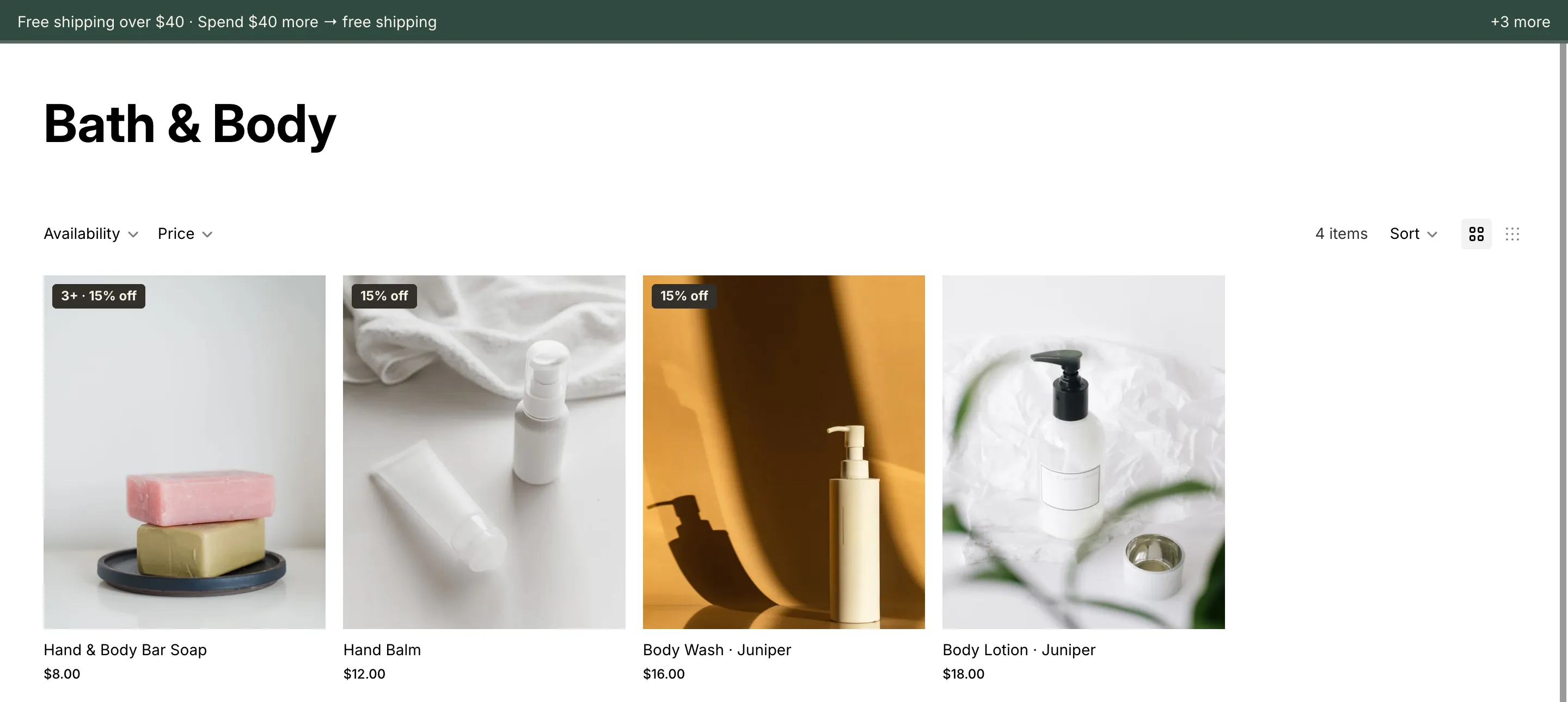 A Bath & Body collection page on a demo skincare store: a bar soap badged “3+ · 15% off”, a hand balm and a body wash badged “15% off”, and a body lotion.